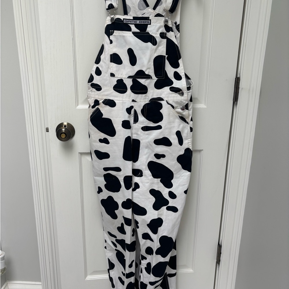Game Bibs! Black and White cow Patterned Overalls